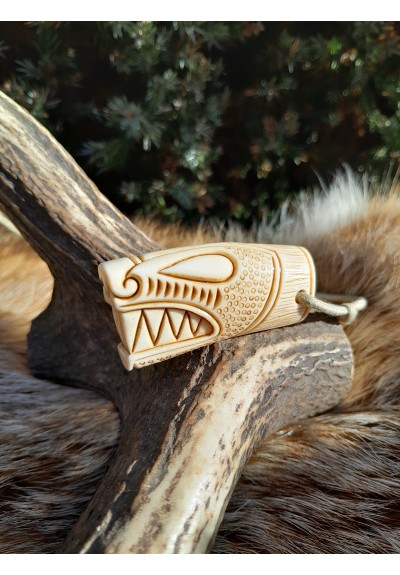 Norse, Viking Dragon amulet with Ansuz rune. Oseberg art.  Dreki pendant. Moose antlers hand-carved