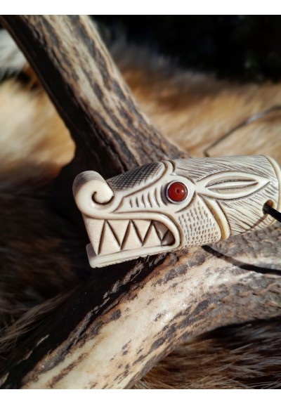 Norse Viking wolf head amulet. Berserker necklace. Moose antlers hand-carved 