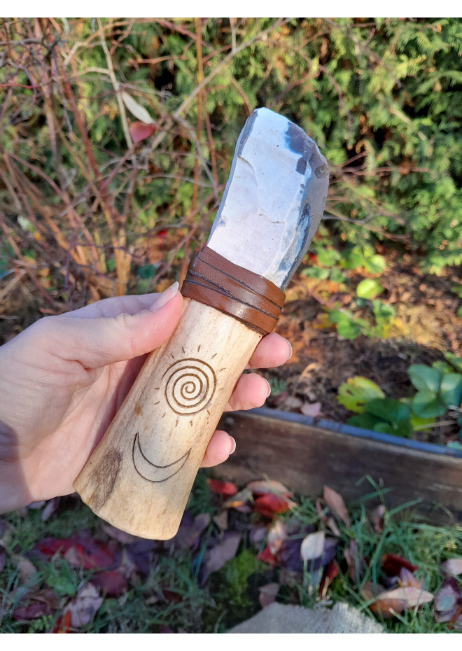 Handmade Neolithic ritual knife with flint blade and petroglyphs ...