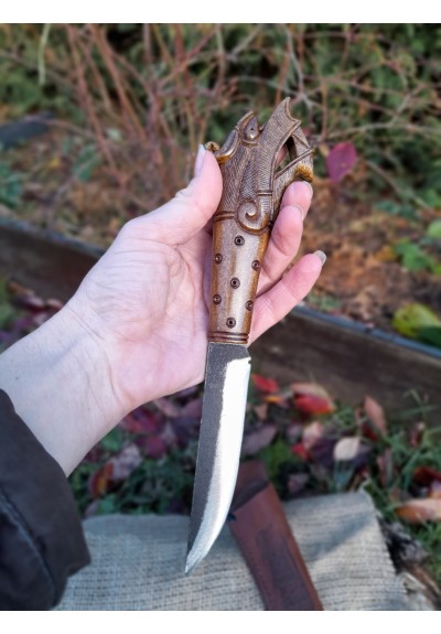 Viking knife "Norse Dragon" with leather sheath. Hand-forged steel. Hand-carved handle